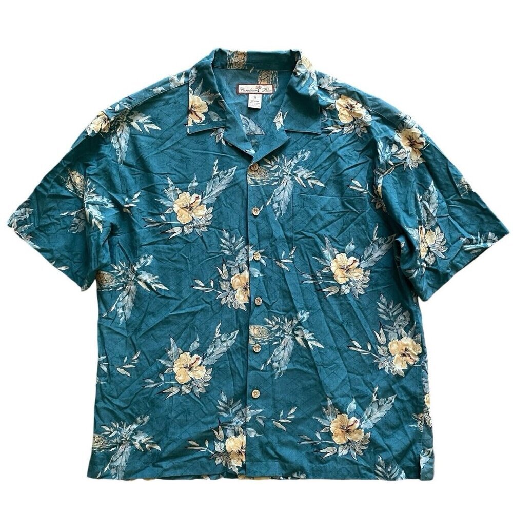 Paradise‎ Blue Silk Hawaiian Button Up Shirt Mens Sz XL Frat Boy Tropical Beach